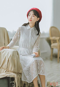 2018年新款甜美少女蕾丝花朵边高腰连衣裙(10)